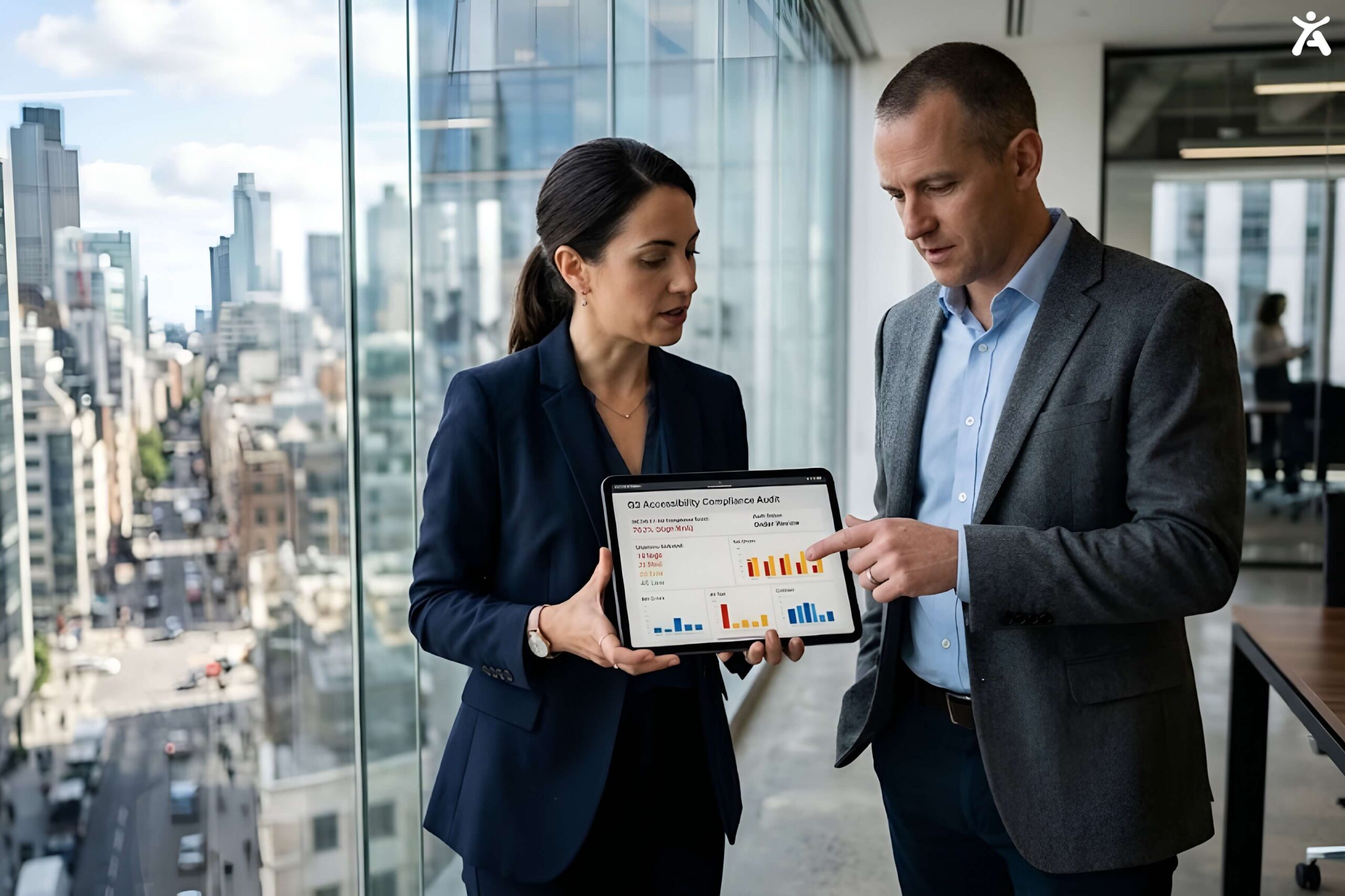 Corporate legal advisors reviewing state website accessibility compliance and statutory risk reports on a tablet in a high-rise office.