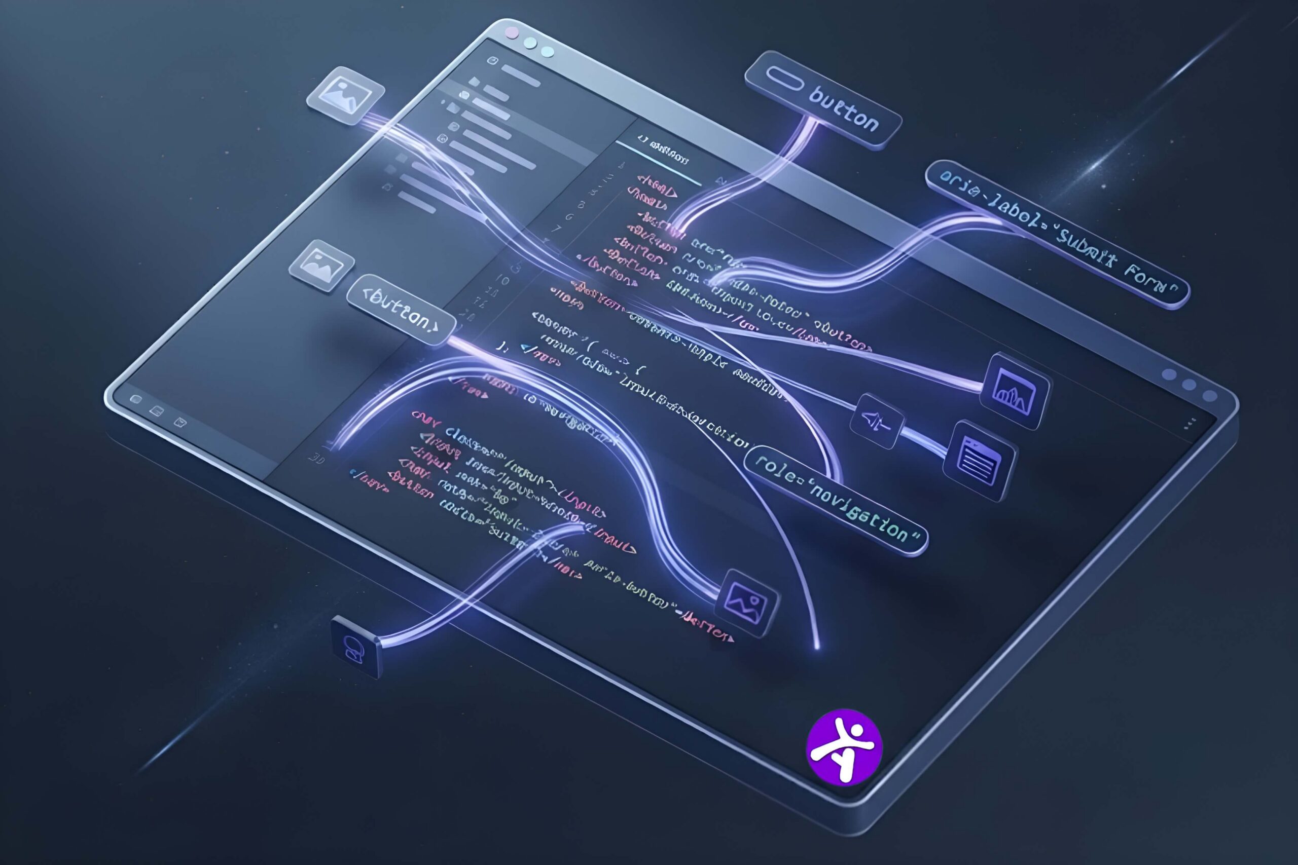 A digital illustration of a code editor interface inside a browser, showing accessibility tree structures and ARIA labels, symbolizing technical code-level testing.
