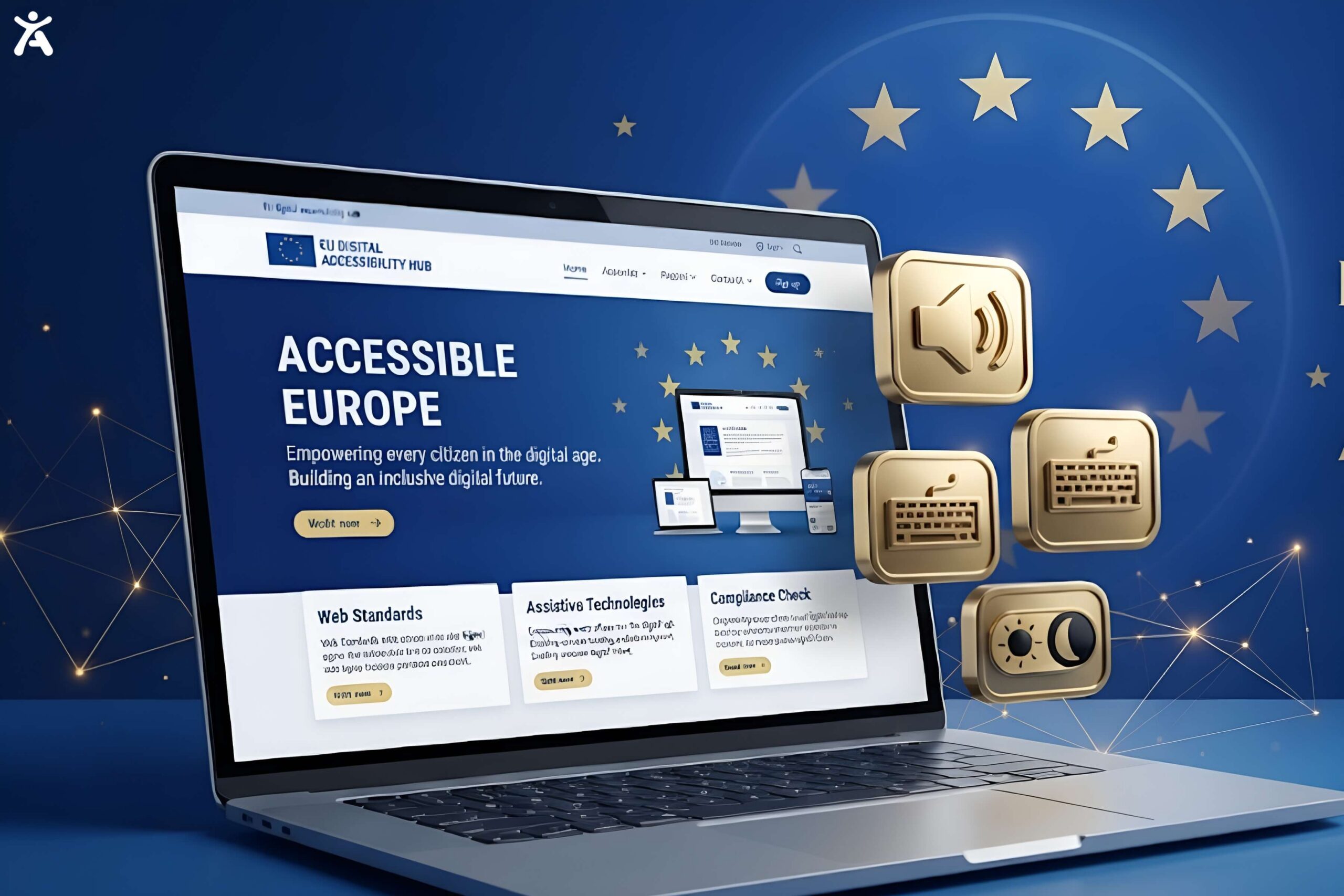 An abstract isometric illustration of a digital storefront surrounded by glowing compliance shields and accessibility icons, emphasizing readiness for the European Accessibility Act.