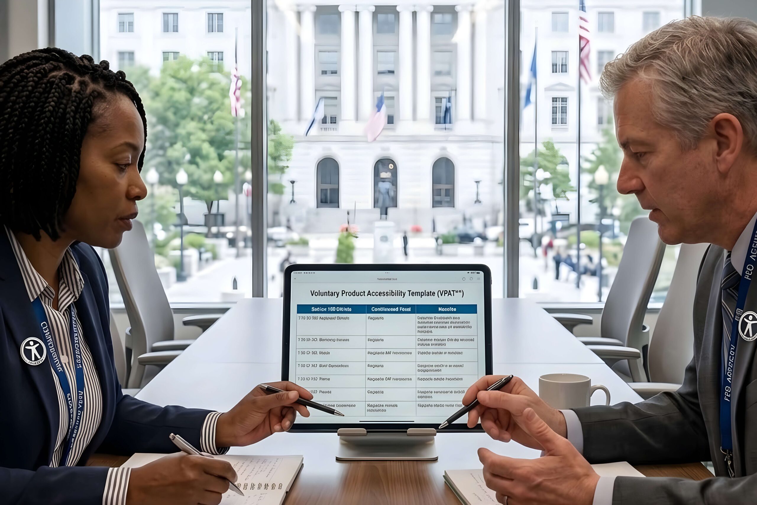 A realistic photograph of a diverse team, including a federal contracting officer, collaborating to review a detailed VPAT document on a tablet in a modern government conference room.
