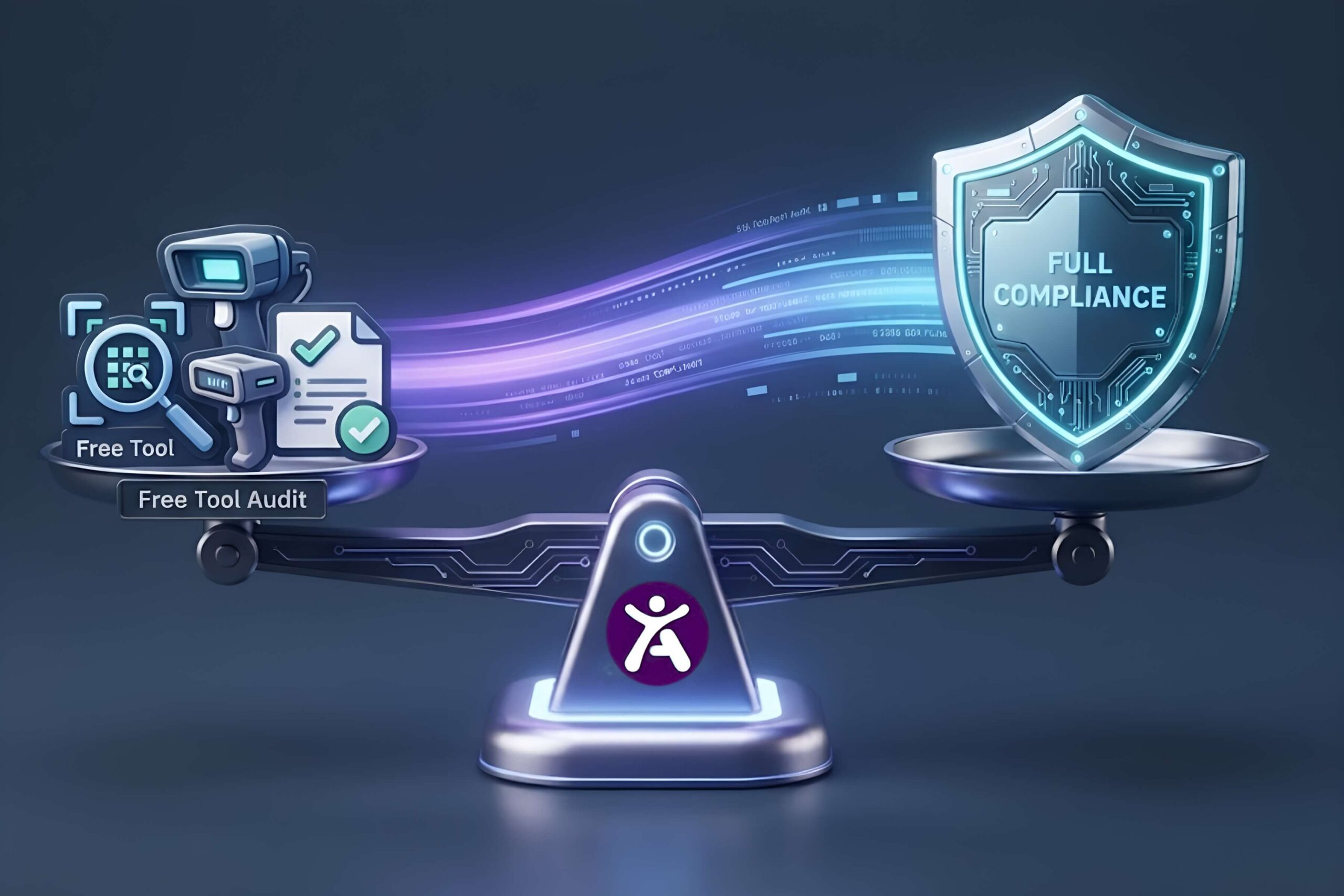 An abstract balance scale graphic on a dark slate blue background. One side represents "Free Automated Checkers" with limited icons, while the other side represents "Full Compliance" with a glowing shield. The Accessify logo sits in the center, acting as the bridge between the two.