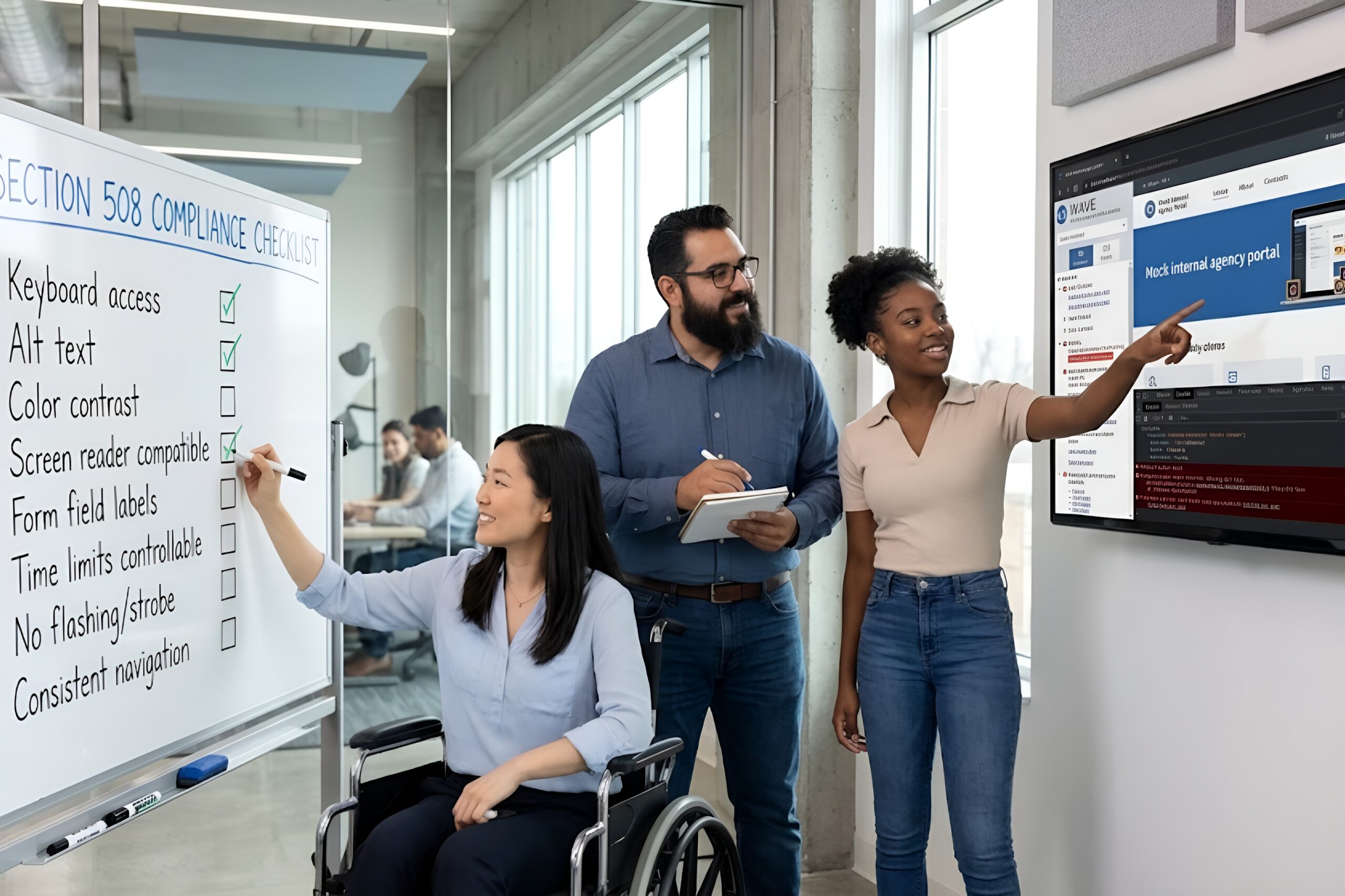 A team of diverse IT professionals, including a wheelchair user, collaborating in a modern office to review and complete a detailed Section 508 Compliance Checklist on a whiteboard.