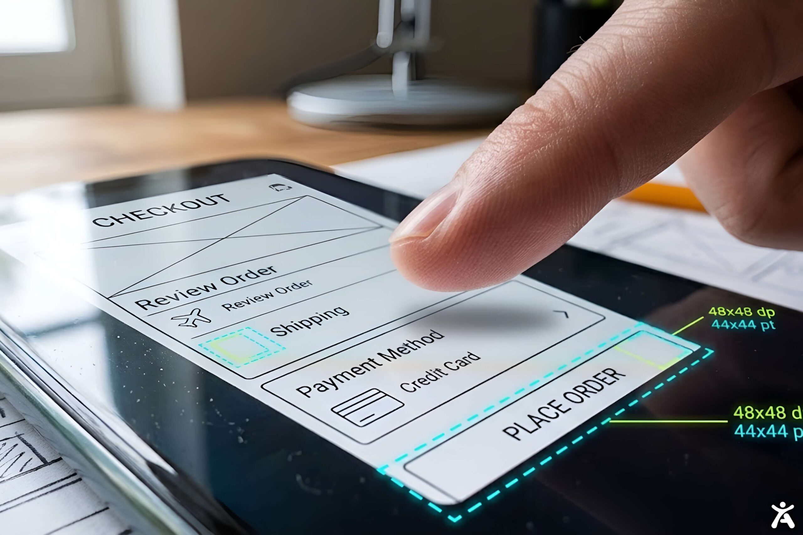 Close-up of a mobile phone screen displaying an app wireframe with highlighted touch targets measuring 44x44 points and 48x48 dp for accessibility compliance.