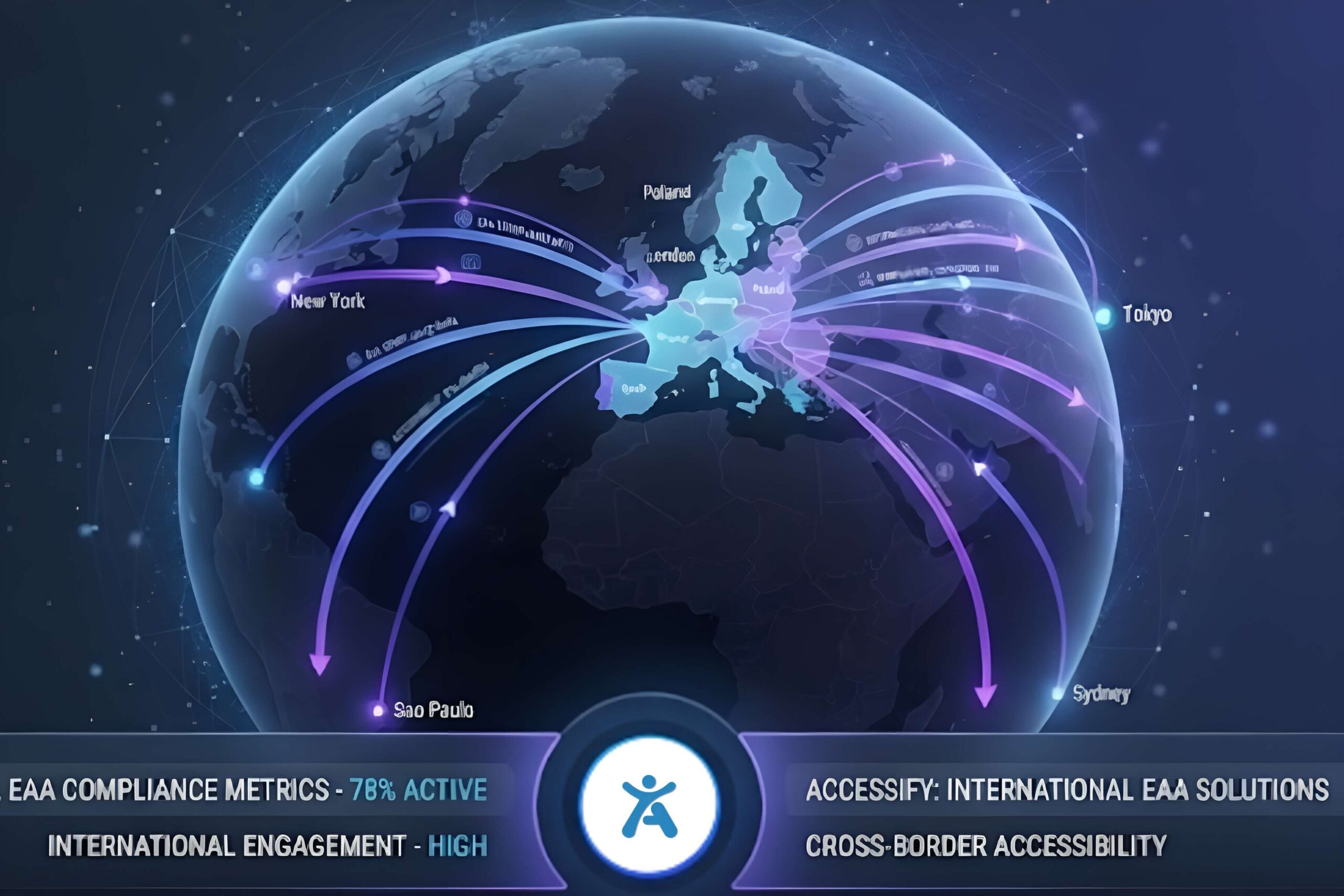 A 3D digital render of a globe with connections linking international markets to EU member states, illustrating that EAA compliance applies to any business serving European consumers.
