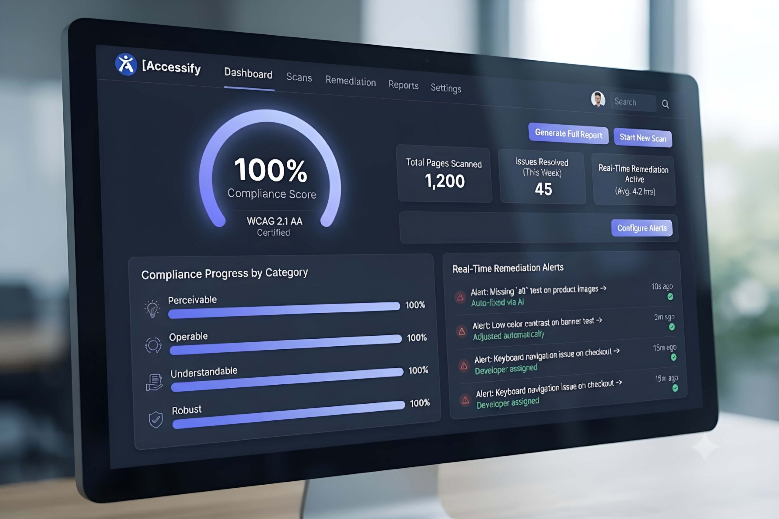 A close-up view of the Accessify compliance dashboard interface showing a 100% accessibility score, charts, and progress bars, designed to monitor and fix digital accessibility issues.
