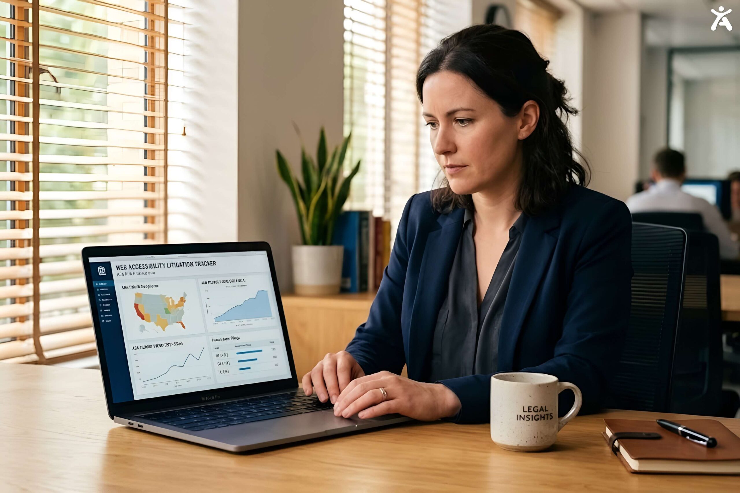 A legal specialist analyzing regional ADA Title III website accessibility lawsuit filings and court audit data on a laptop.