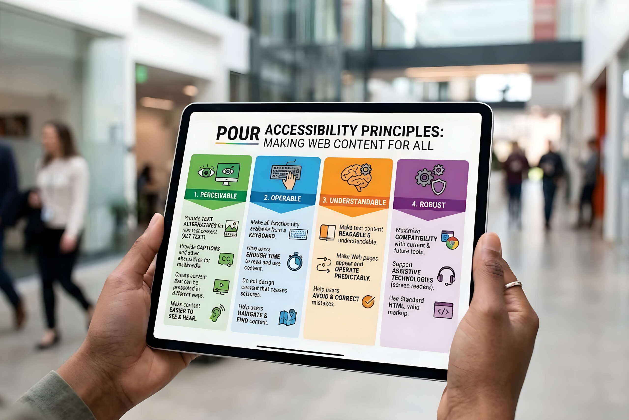 A close-up photograph of a tablet displaying a clear, legible infographic outlining the POUR (Perceivable, Operable, Understandable, Robust) accessibility principles, held by a person in a realistic office environment.