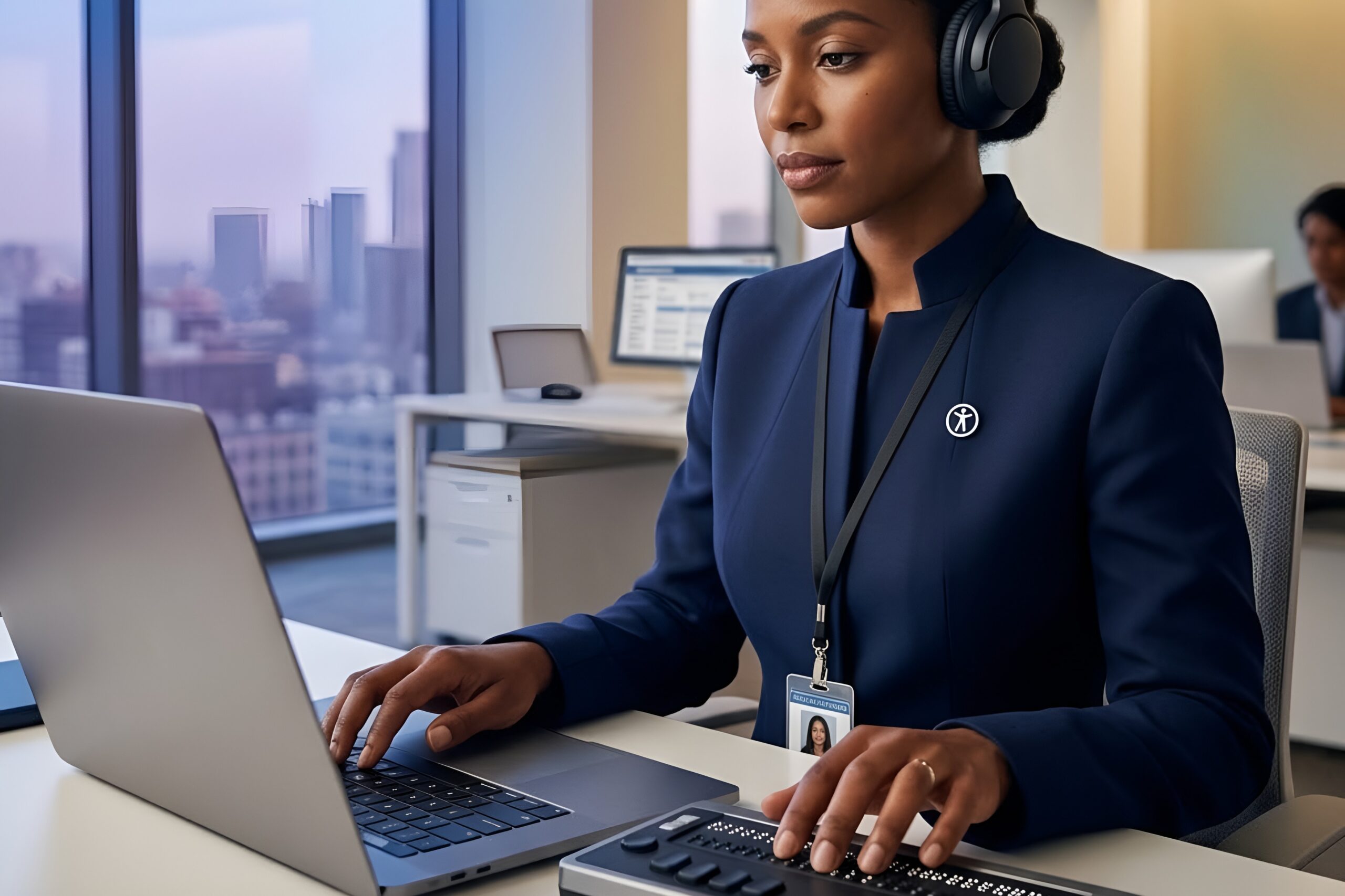 Realistic photograph of a woman with visual impairment using a laptop with an integrated refreshable braille display and headphones in a modern federal building office.