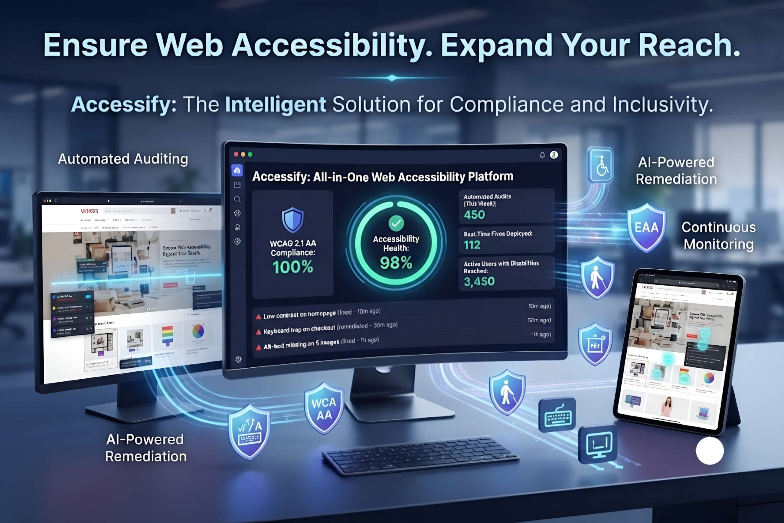 A clean, minimalist infographic layout visualizing the six-step process to achieving European Accessibility Act compliance, featuring icons for site auditing, manual remediation, and continuous monitoring.