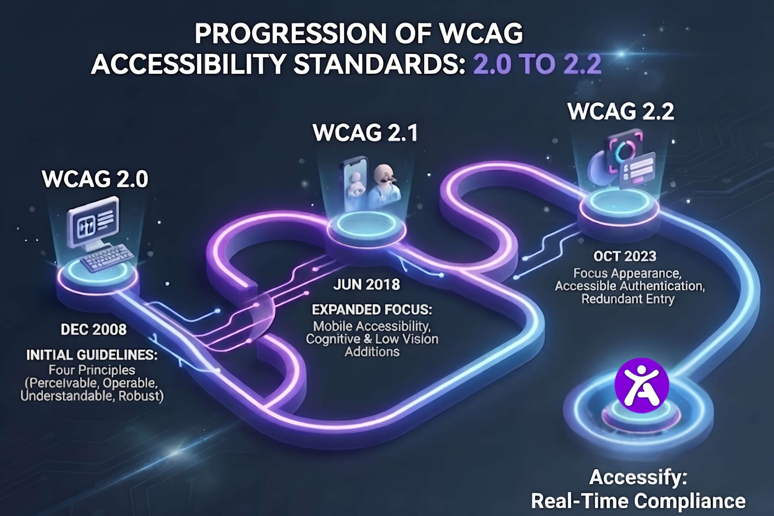A cinematic 3D graphic featuring three futuristic digital islands labeled WCAG 2.0, 2.1, and 2.2, connected by a glowing purple-blue data stream, symbolizing the progression of digital accessibility standards over time.