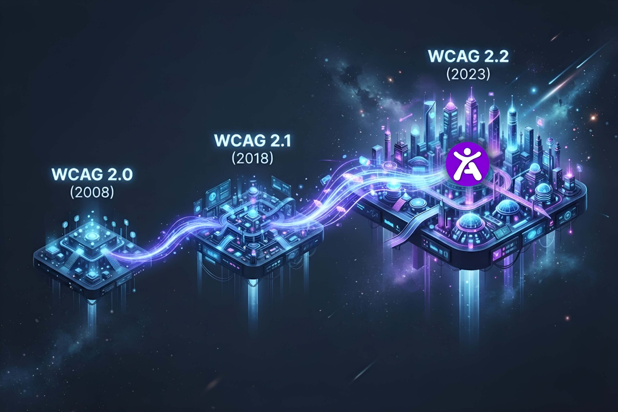 An abstract timeline graphic showing the progression from WCAG 2.0 to 2.2, with nodes representing each release year (2008, 2018, 2023) against a dark slate blue background with glowing purple-blue gradient accents.
