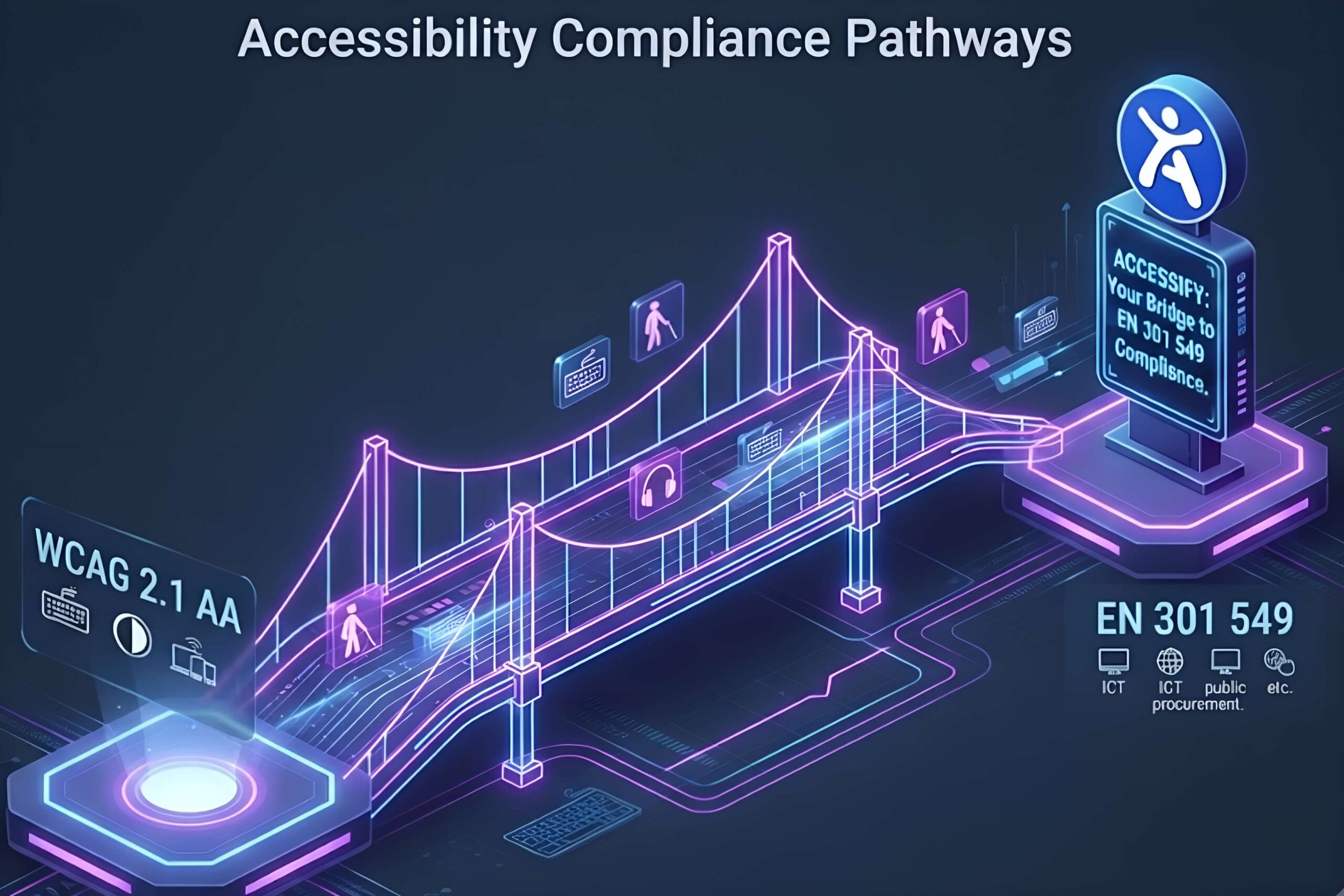A futuristic graphic featuring a digital bridge connecting WCAG 2.1 AA standards to EN 301 549 compliance, symbolizing the technical pathway to EAA adherence.