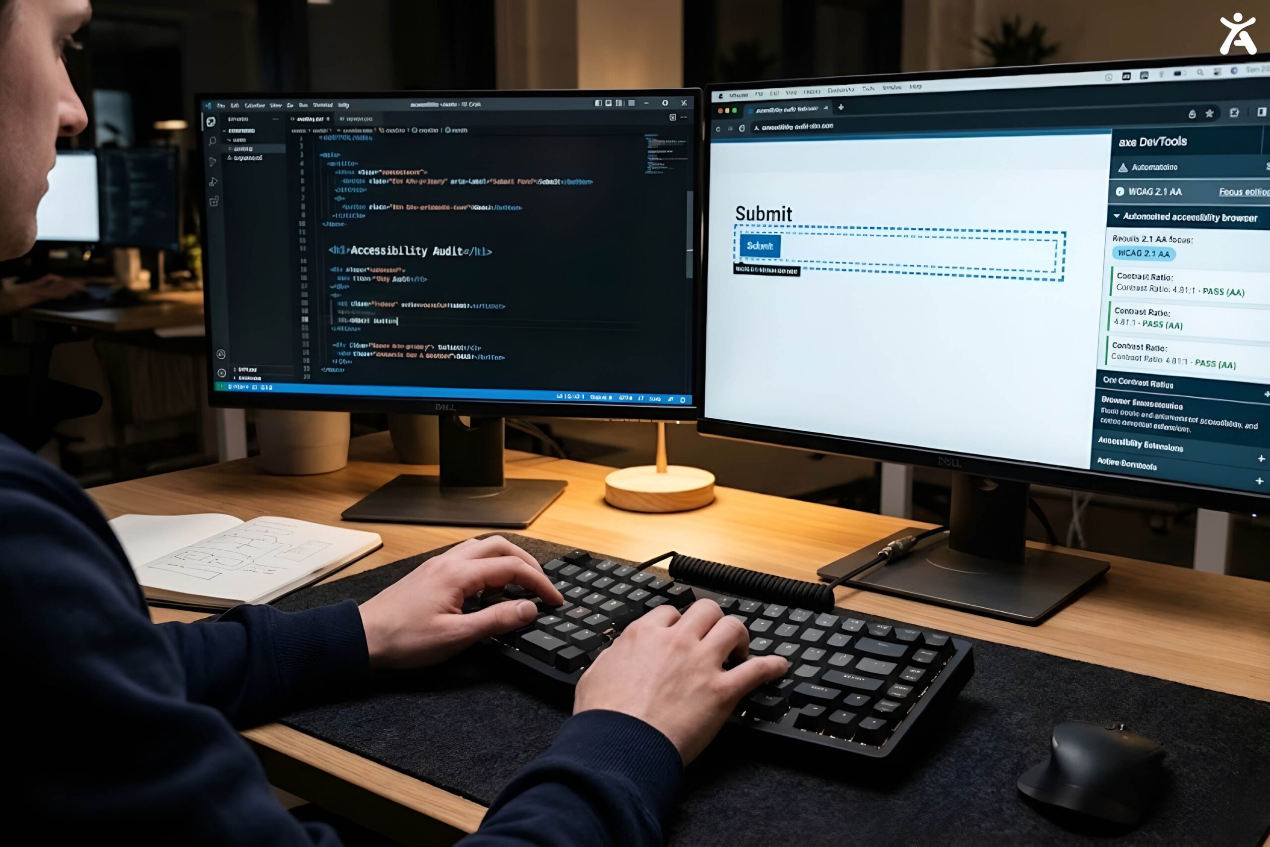 A web developer typing code while inspecting web accessibility focus indicators and WCAG contrast ratios on dual monitors.