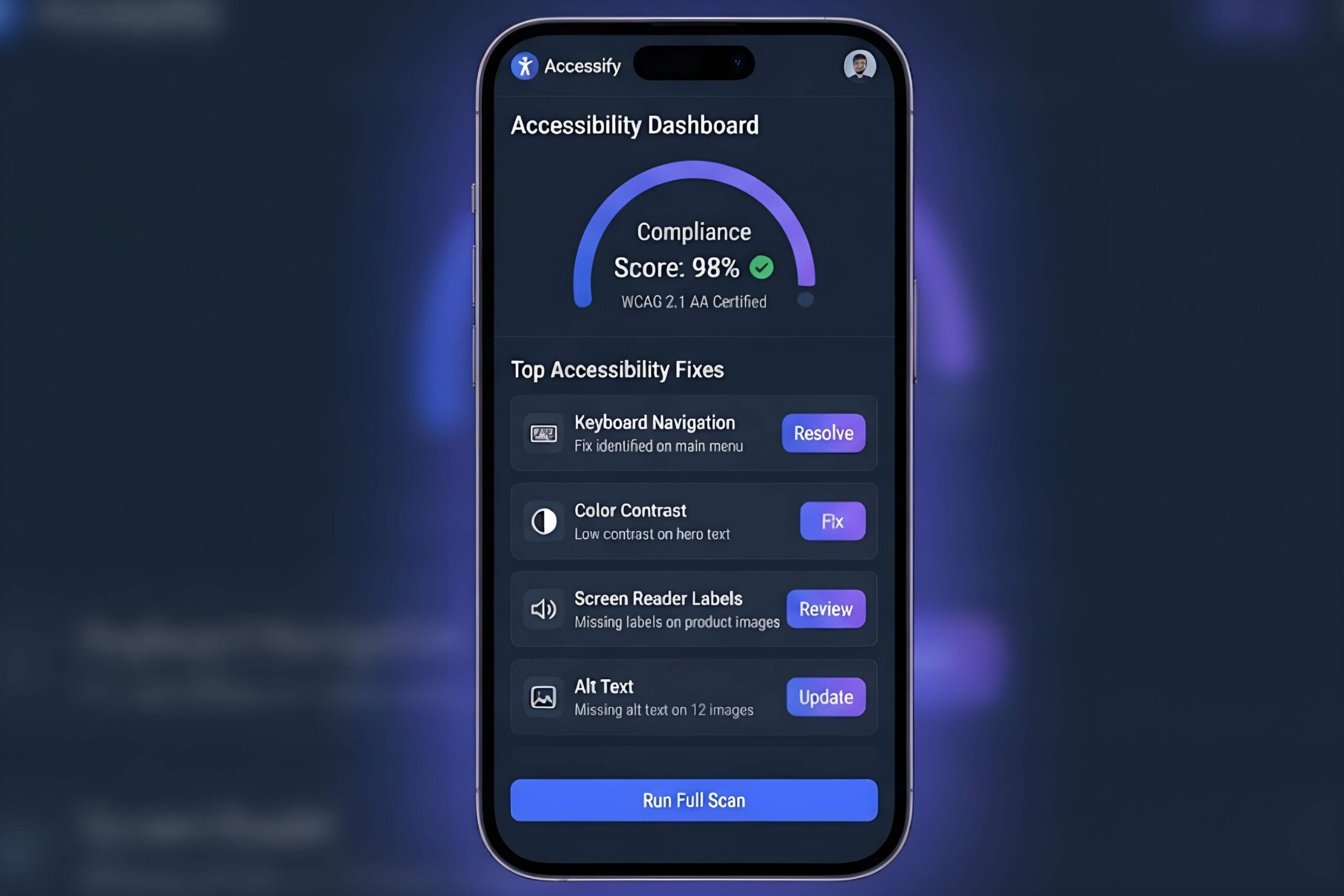 A digital illustration of a smartphone displaying a responsive, accessible website layout, highlighting orientation support and touch-target sizes, consistent with WCAG 2.1 standards.