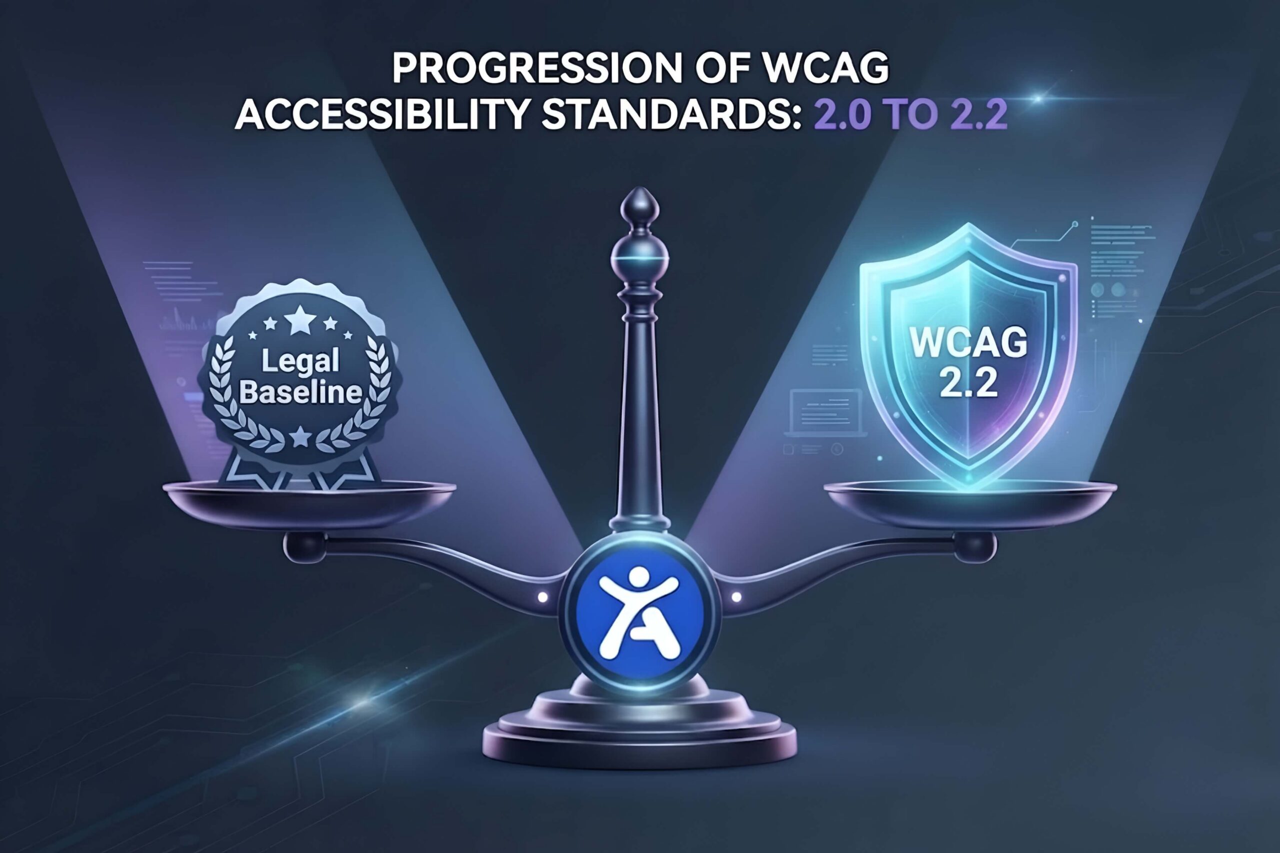 A balanced scale graphic showing "Legal Baseline" (WCAG 2.0) on one side and "Current Best Practice" (WCAG 2.2) on the other, positioned on a dark blue background.