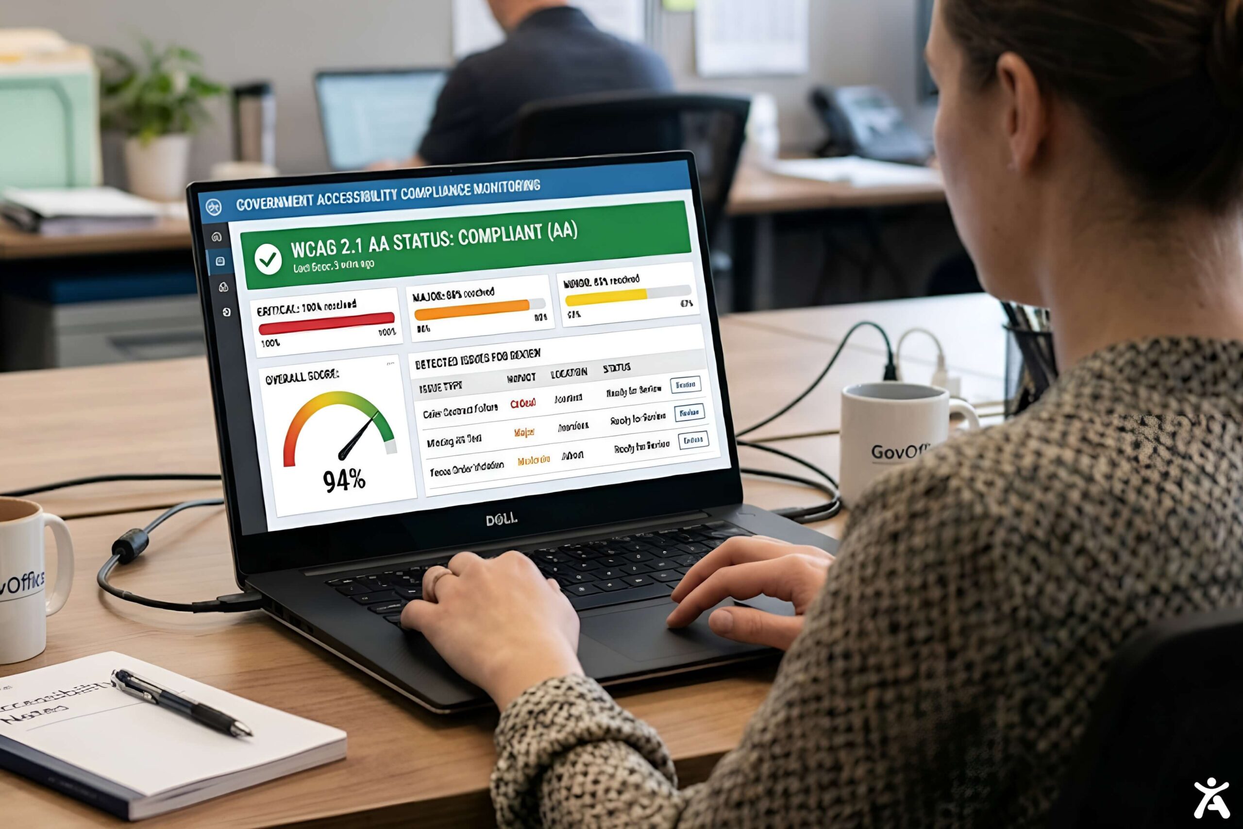 Compliance dashboard showing real-time WCAG 2.1 AA monitoring for a government website