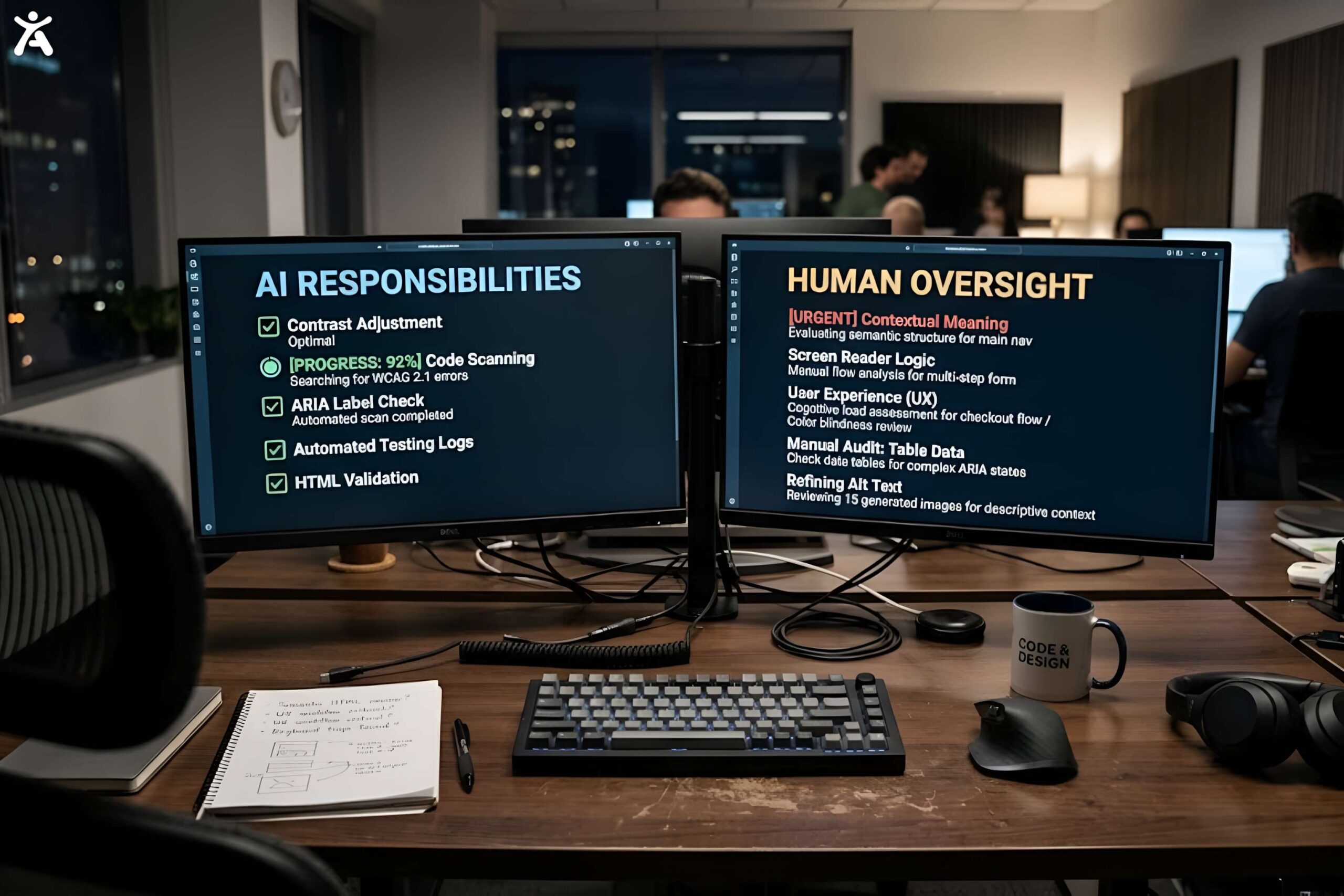 Comparison graphic of tasks AI accessibility tools handle well versus tasks needing human review