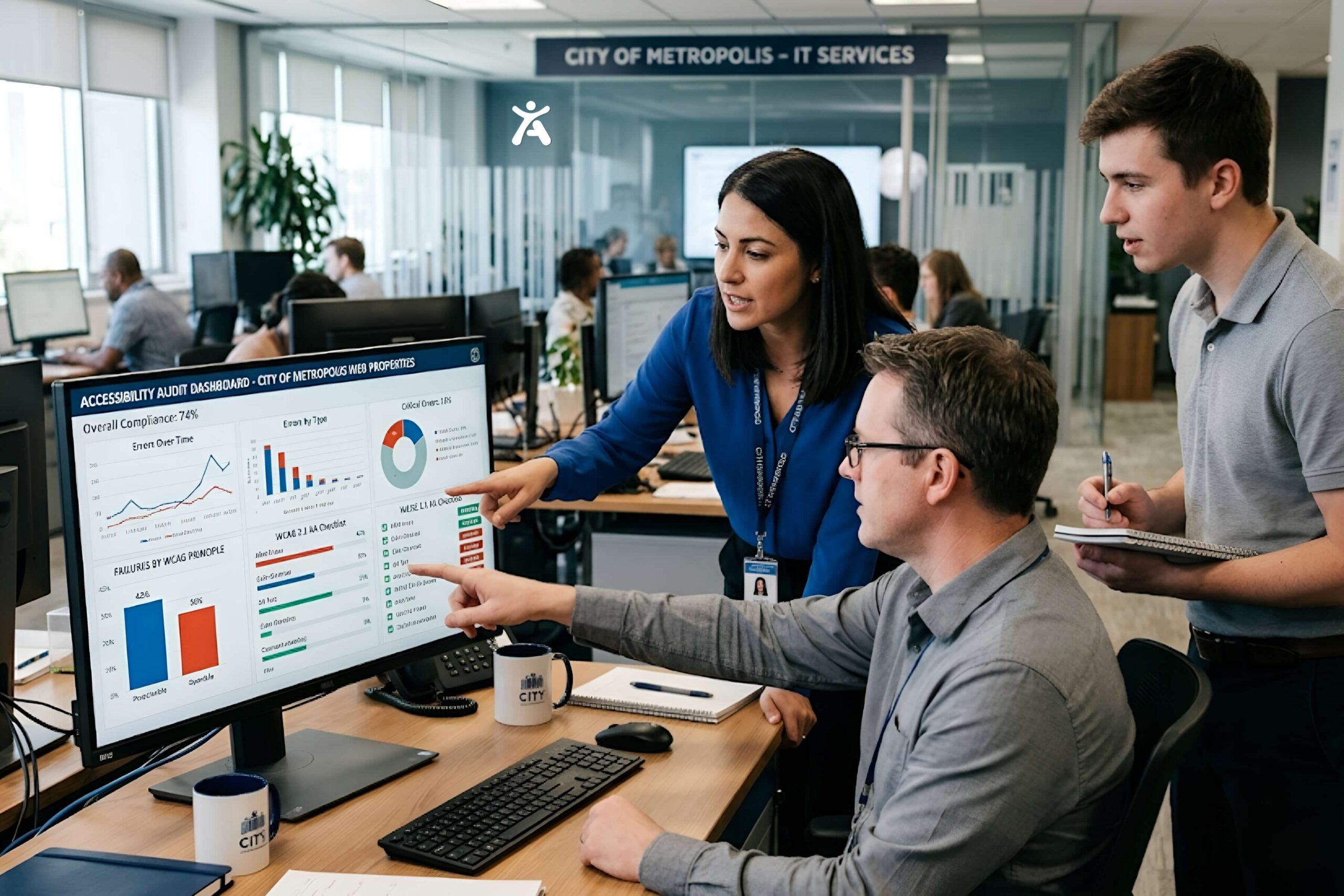 A city government IT team reviewing a website accessibility audit dashboard on a large screen