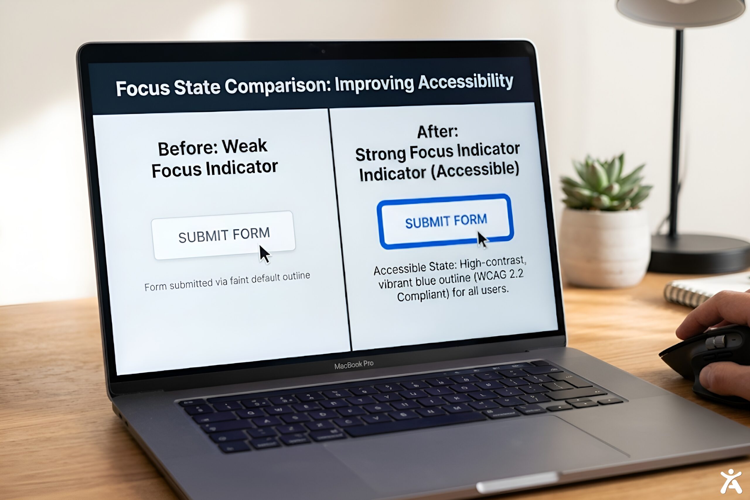 Before and after comparison of a weak versus WCAG 2.2 compliant focus indicator