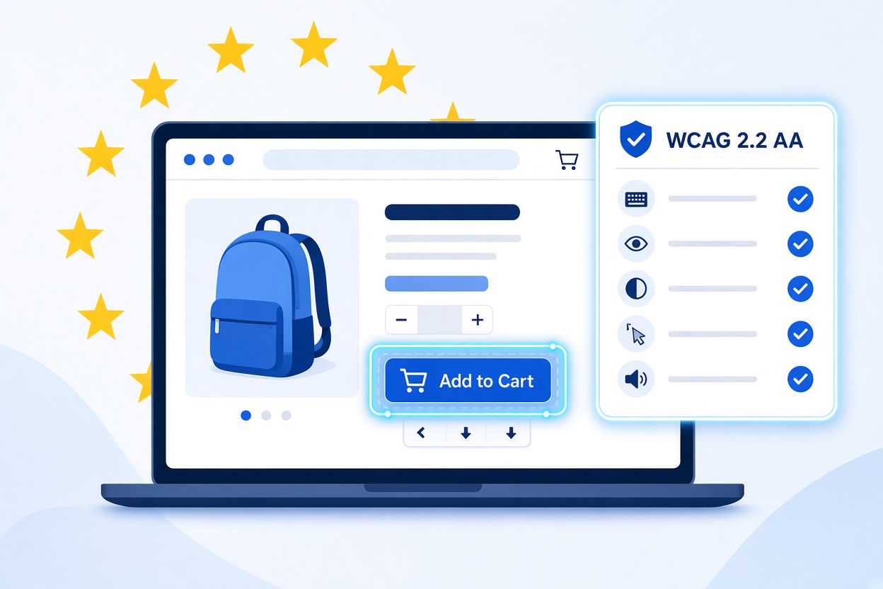 WCAG 2.2 Level AA checklist overlaid on an online store product page for European Accessibility Act compliance
