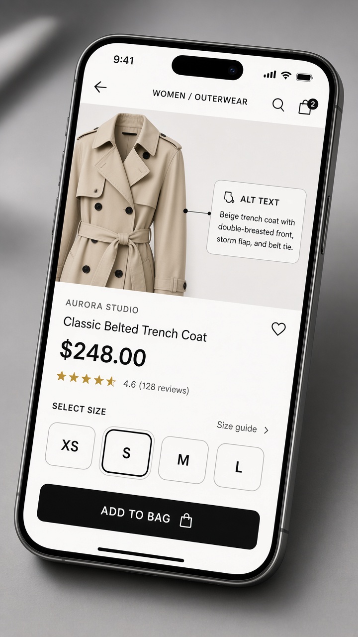 Accessible Shopify product page with high contrast text and large size swatches