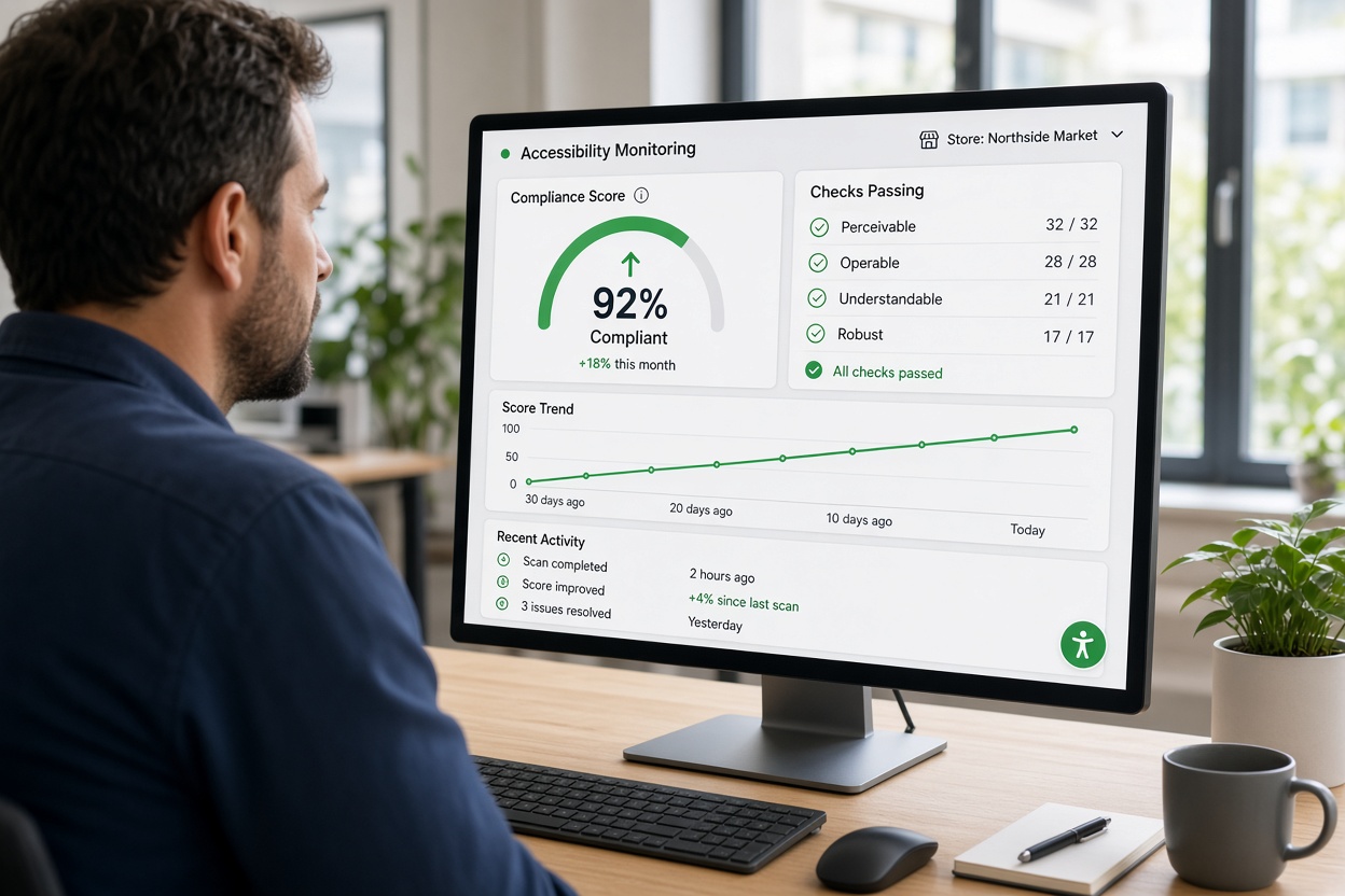 Online store owner monitoring EAA accessibility compliance score with Accessify dashboard